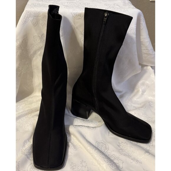 JEFFREY CAMPBELL 7 Black Block Heel Boot Bootie Stretch Mid Calf NEW - Picture 5 of 16